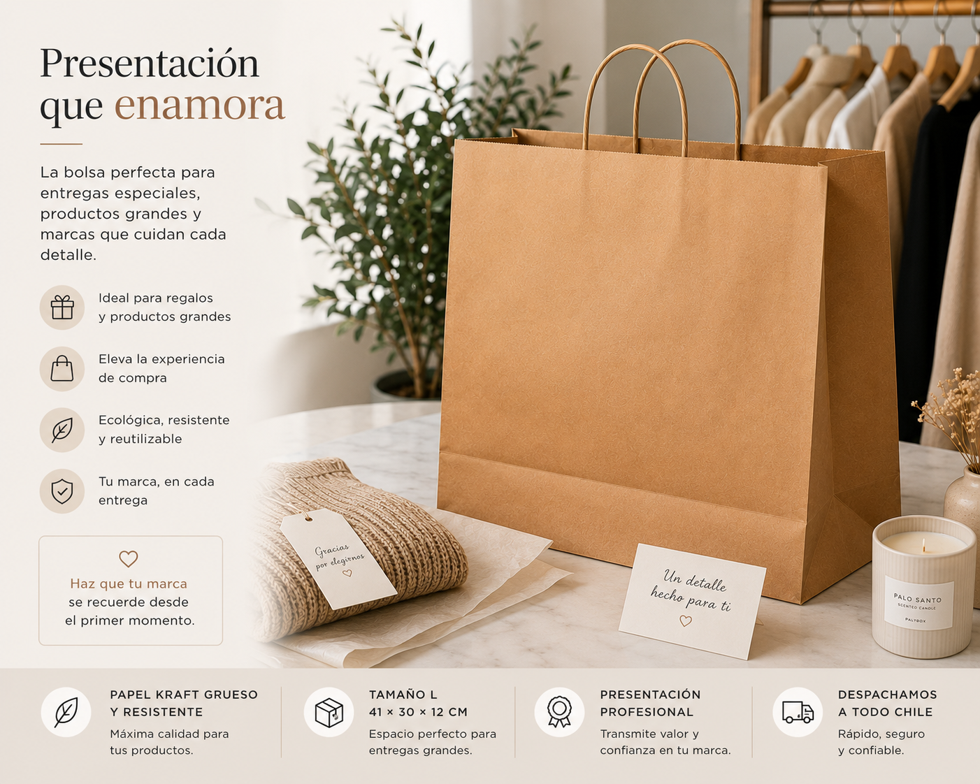 50 UNIDADES BOLSA KRAFT CON MANILLA MEDIDA 30x41x12 - Imagen 4